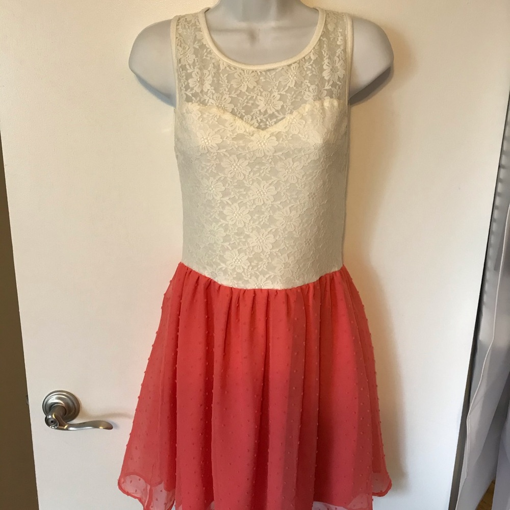 cream/salmon dress with lace overlay